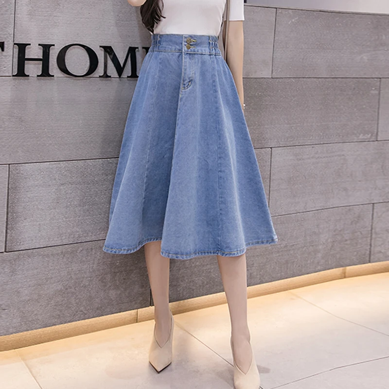 

MVGIRLRU Women Casual A-line Denim Midi Skirt Spring Summer Zip High Waist Mid-Calf Skirts