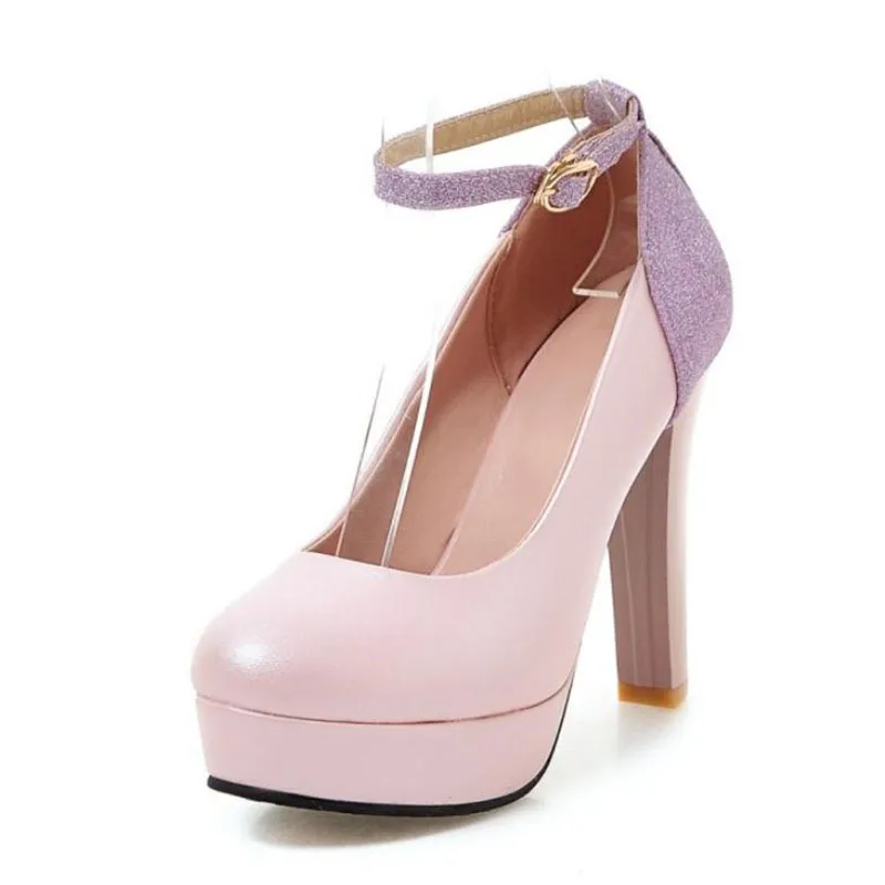 Patchwork Pompes Bling Sangle À 43 blanc De Cheville 34 rose Femmes Chaussures forme Taille Rizabina Bout Sexy Rond Plate Hauts Talons Mariage Mode Noir qv6nOt7