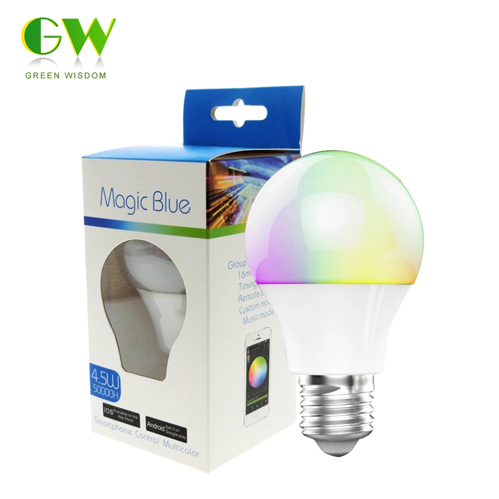 

Bluetooth LED Bulb 4.5W E27 RGBW Bluetooth 4.0 Smart LED Light Color Change Dimmable by IOS / Android APP.