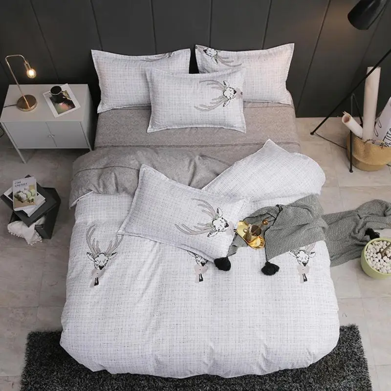 

4pcs Bedding Set Simple Printed Quilt Duvet Cover Flat Bed Sheet Pillowcase