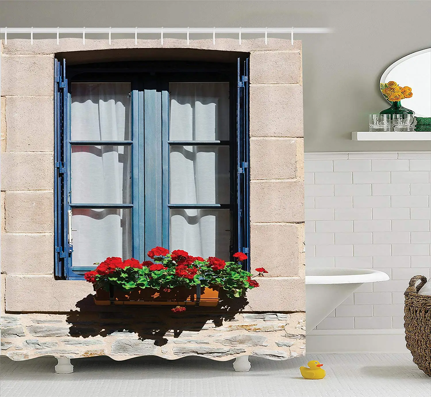 

Shutters Decor Shower Curtain Mediterranean Style Window With Open Window Shutters Image French Urban Life Style Decor Bathroom