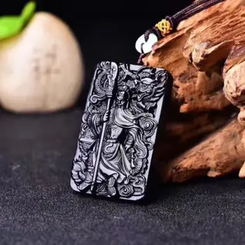 

Koraba Fine Jewelry Beautiful Black 100% Natural A Obsidian Carved Guan Yu Buddha Necklaces Pendant Free Shipping