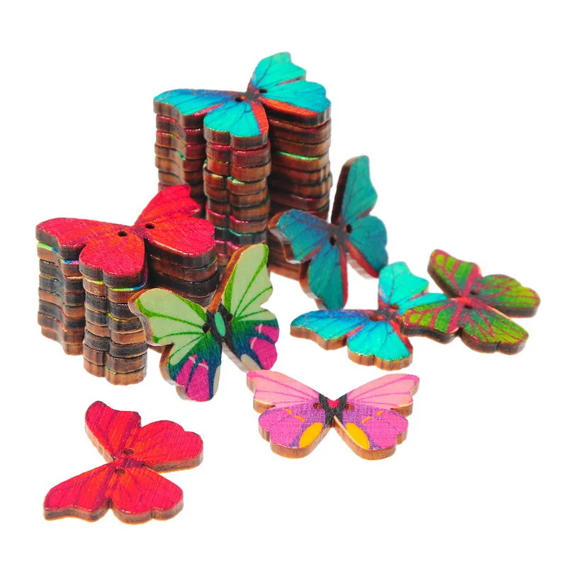 

New 50 pcs MIXED Colors Beautiful Butterfly Shape Two Hole Wooden Buttons 28mm x 20mm For DIY