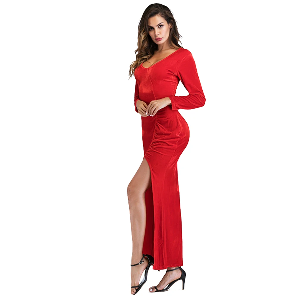 Hot Red Split Maxi Dress Plus Size XXL Women Autumn Long Sleeve Party Dresses Sexy V Neck Long Elegant Evening Wrap Velvet Dress (4)