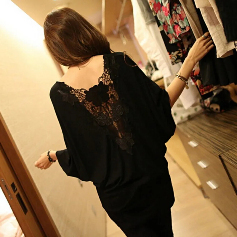 

womens ladies 2019 spring autumn summer sexy lace back big biggest plus size XL-5XL 4XL 3XL XXXL 2XL XXL loose black top T-shirt