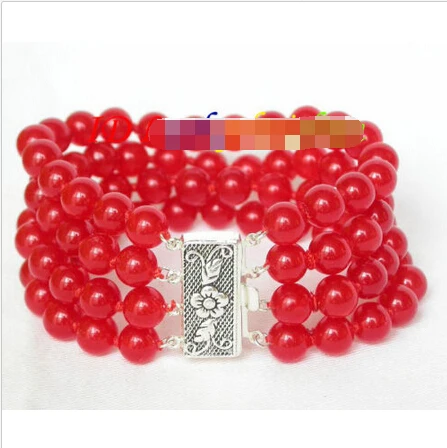 

QW21 8" 8mm 4row round sanguine * bead Bracelet 925 silver clasp j8044@^Noble style Natural Fine jewe SHIPPING -Top quality f