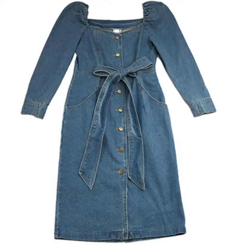 Fenda Denim Vestido Feminino Moda Único-breasted Longo 2 Fenda denim vestido feminino moda único-breasted longo vestido feminino