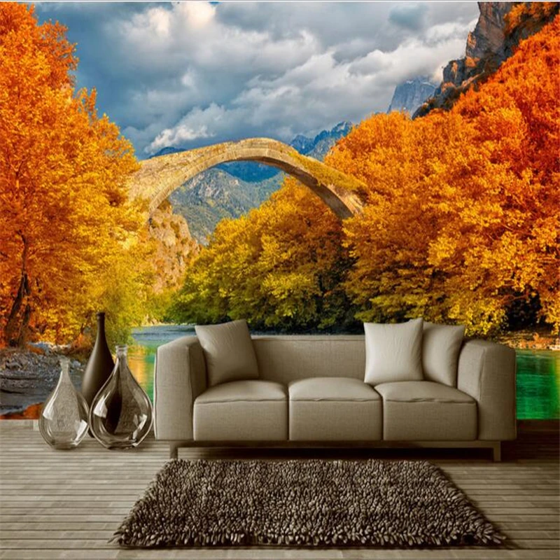 

Large - scale custom wallpaper autumn forest maple leaf bridge water fairyland scenery background wall  vinilo adhesivo
