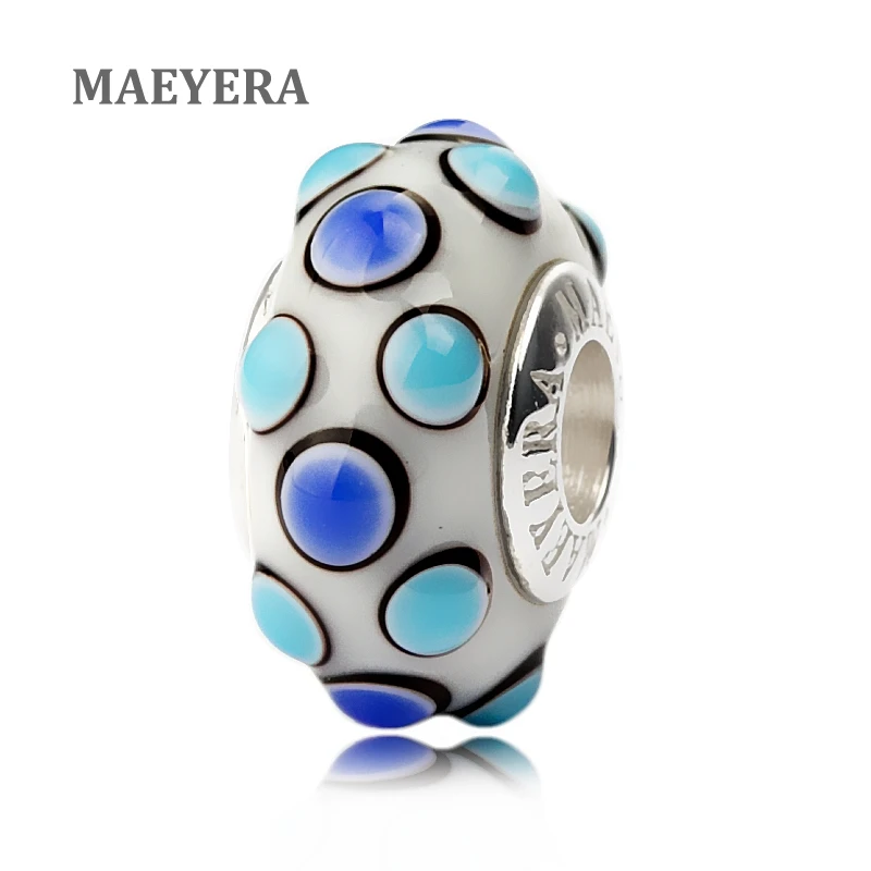MAEYERA 925 пробы серебряные бусины синего цвета Murano Стекло для Европейский