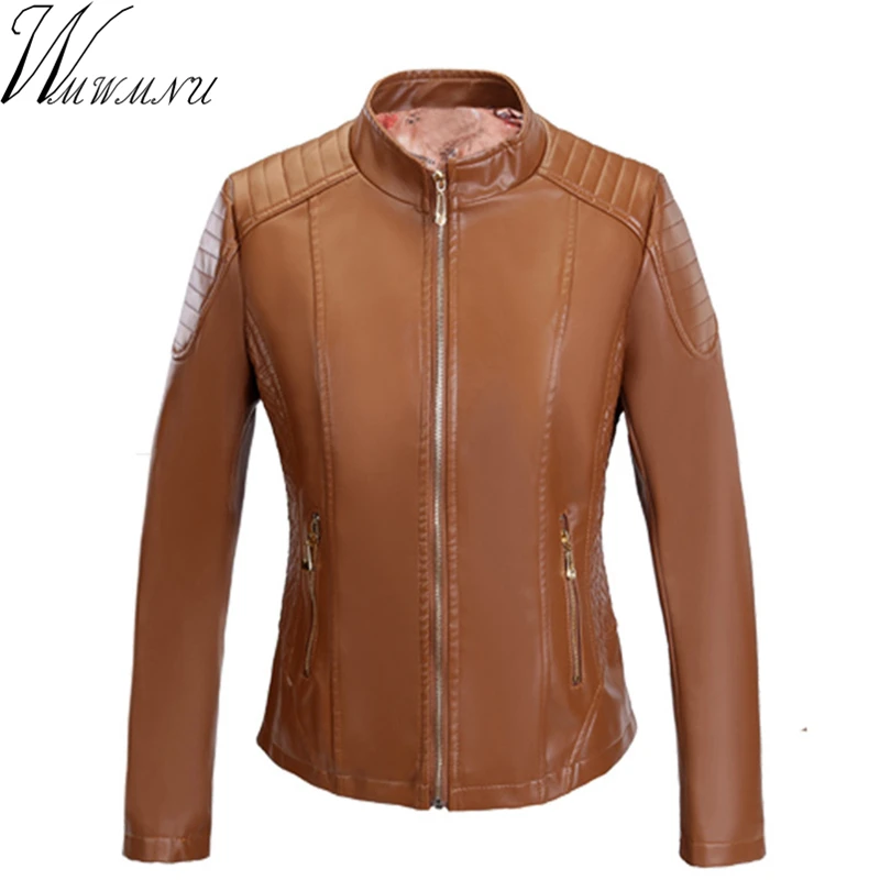 Wmwmnu 2017 коричневый Искусственная кожа большие размеры 6XL куртка Для женщин тонкий брендовые мотоциклетные байкерские куртки кожаные пальто
