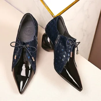 

GPOKHDS 2019 women Pumps Cow leather autumn spring Rome style lace up black color pointed toe high heels shoes size 34-42