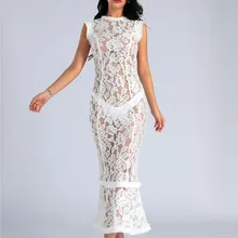 Высокое качество Белый без рукавов кружево рыбий хвост Макси знаменитости пикантные женские платья для женщин Вечеринка платье