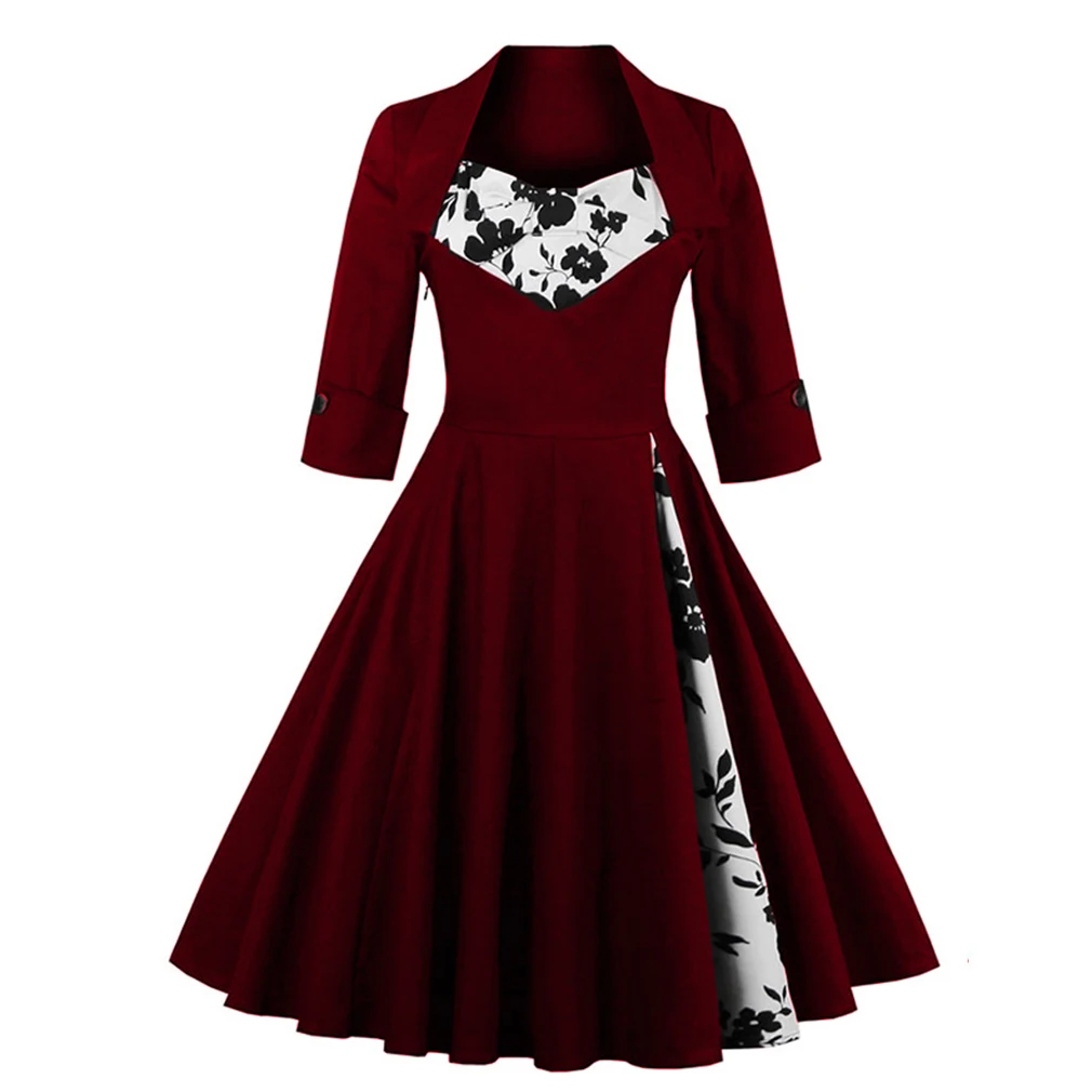 Goede Ons Verzending Vrouwen Plus Size Herfst Jurk Lange Mouwen Vintage Rode Jurk Patchwork Jurk Bloemen Retro Casual Party Swing Vestidos