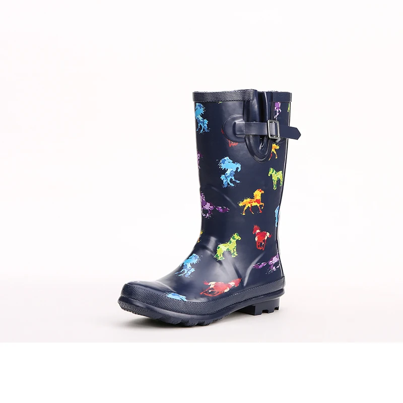 SWYIVY Rain Boots Woman Rubber Shoes Tall 2018 Female Fashion Boots Lovely House Print Blue Waterproof Rainboot Rain Boots Woman