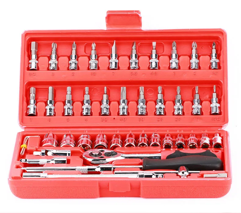 

46pcs Automobile Motorcycle Car Repair Tool Box Precision Ratchet Wrench Set Sleeve Universal Joint Kit Connecting Rod For Car