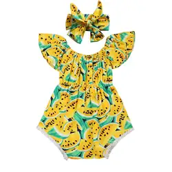 Новинка 2017 года новорожденных для маленьких девочек Ленточки боди + повязка на голову милый желтый арбуз женский пляжный костюм 0-24 м одежда