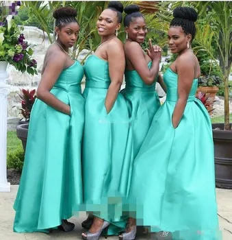 

Turquoise Hi Lo Arabic Style Bridesmaid Dresses 2019 With Pockets Satin Plus Size Negerian African Wedding Guest Maid Of Honor