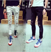 2017 New Stylish Fashion Mens Personality Destroyed Denim Jeans Pants With Holes Male White Ripped Jeans For Men Size S-2XL