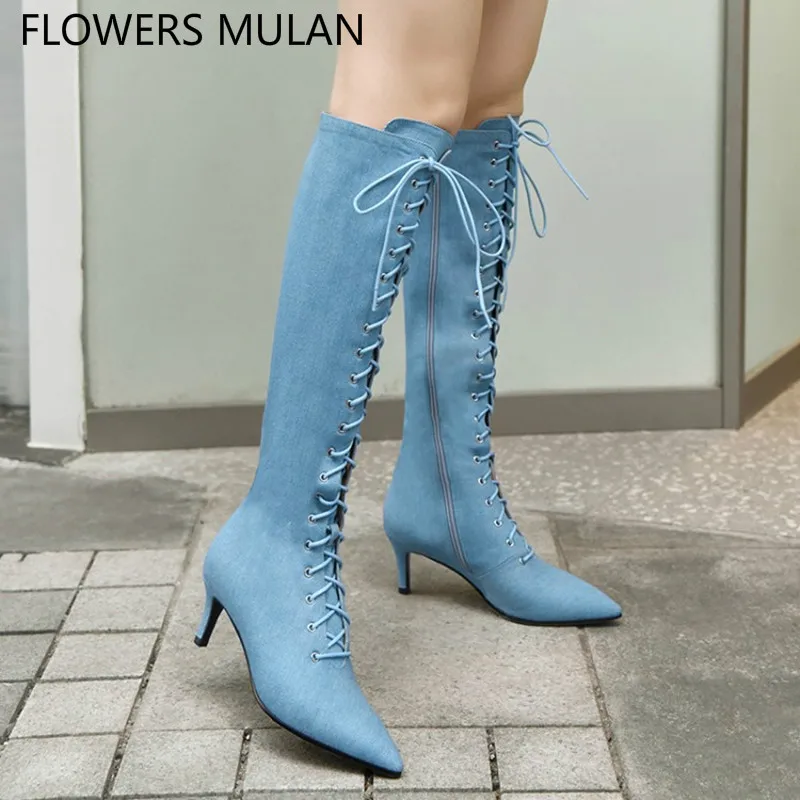 

Blue Denim Knee High Winter Boots Women Chic Pointed Toe High Heels Ladies Booties Cross Tied Fashion Runway Shoes Woman Zapatos