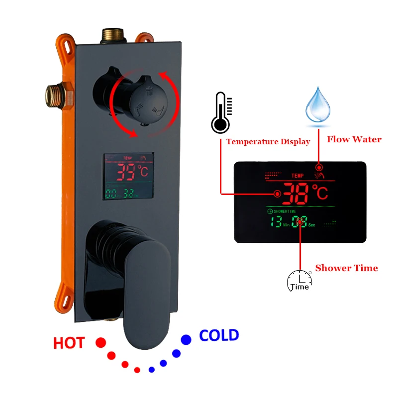 Матовый черный большой дождевой Душ кран Набор Однорычажный температура цифровой дисплей скрытый душ смесительный клапан кран