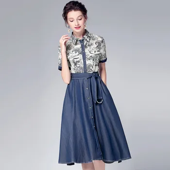 

Women Dress 2019 Summer New Fashion Square Collar Single Breasted Printed Patchwork Short sleeve A Line Dress S-XL