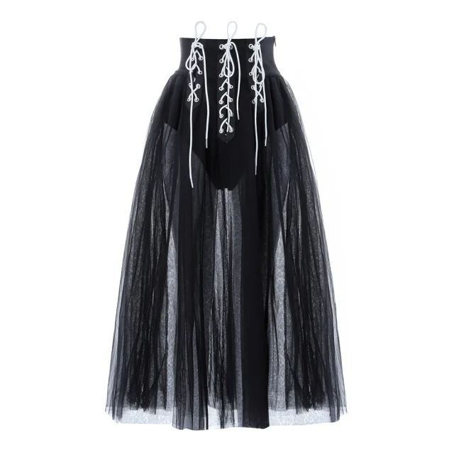 Горячая Распродажа Новая одежда женский сексуальный прозрачный в сеточку черная юбка милое вечернее платье в стиле ампир длинная юбка до середины икры