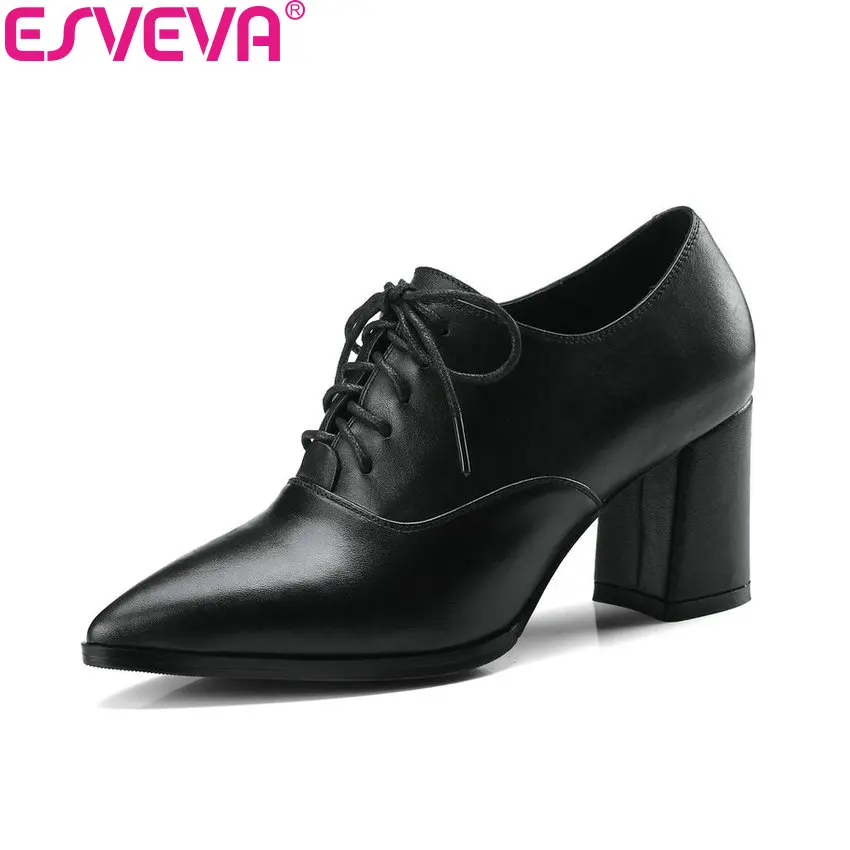 

ESVEVA 2018 Women Pumps Black Square High Heels Pointed Toe Fashion Slip on Cow Leather PU Ladies Pumps Shoes Size 34-39