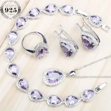 Классические женские фиолетовые циркониевые Серебряные комплекты ювелирных изделий 925, серьги/кольца с камнями, ожерелье, браслеты, ювелирные изделия, подарочная коробка