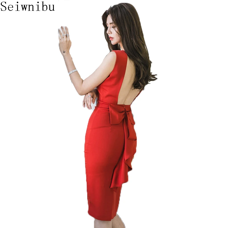 

2019 new Summer Woman Elegant Evening Sexy Club party Backless sleeveless bodycon Ruffle midi slim Dress pencil sheath vestidos