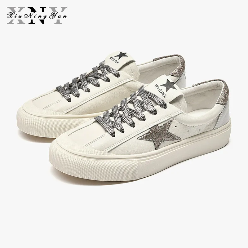 

XiuNingYan Fashion Sneakers Women Flats Gold Silver Leather Shoes Bling Casual Shoes Korean Luxury Creepers Superstar Shoes