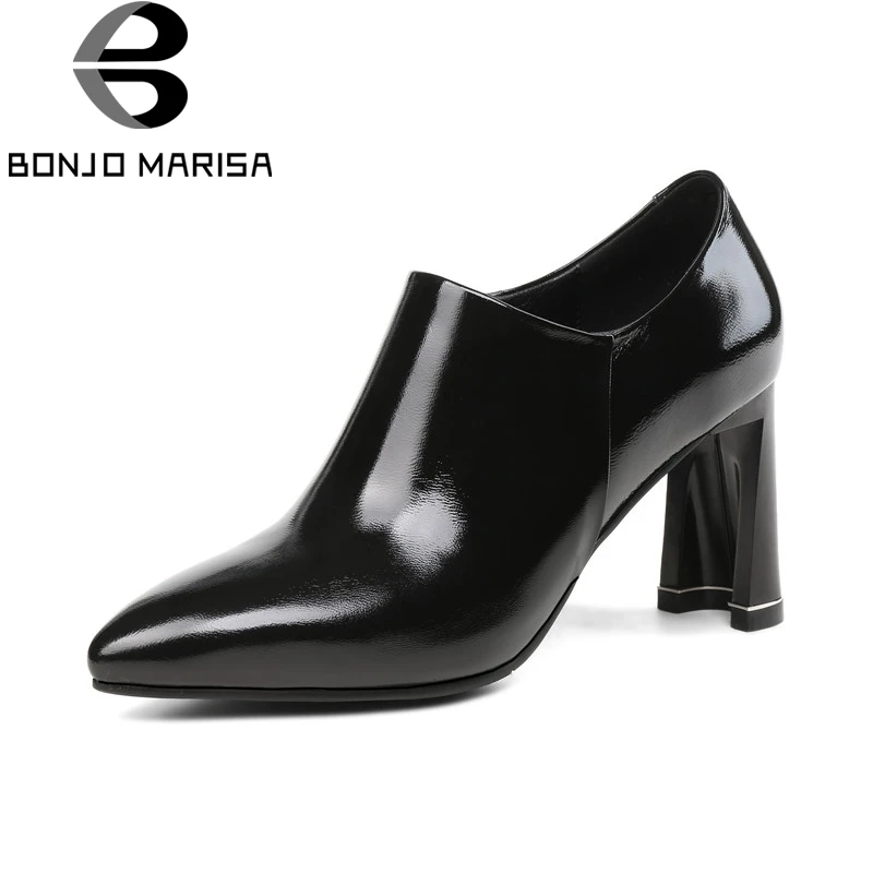 

BONJOMARISA Brand New Big Size 33-43 Genuine Sheepskin Leather Strange Style High Heels Slip On Women Shoes Fashion Woman Pumps