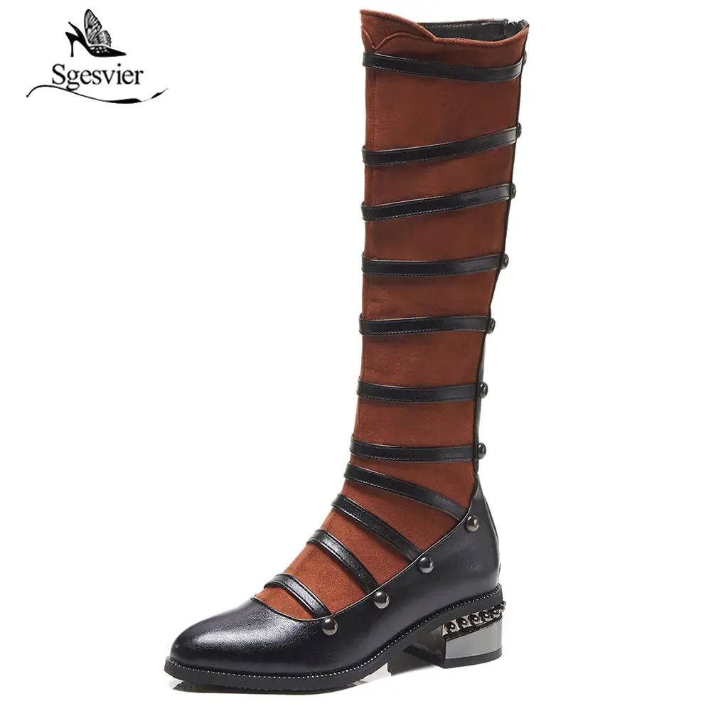 Sgesvier/; женские сапоги-гладиаторы до колена в стиле панк и готика; женская обувь из флока с пряжкой на среднем квадратном каблуке; цвет черный, коричневый; рыцарские сапоги