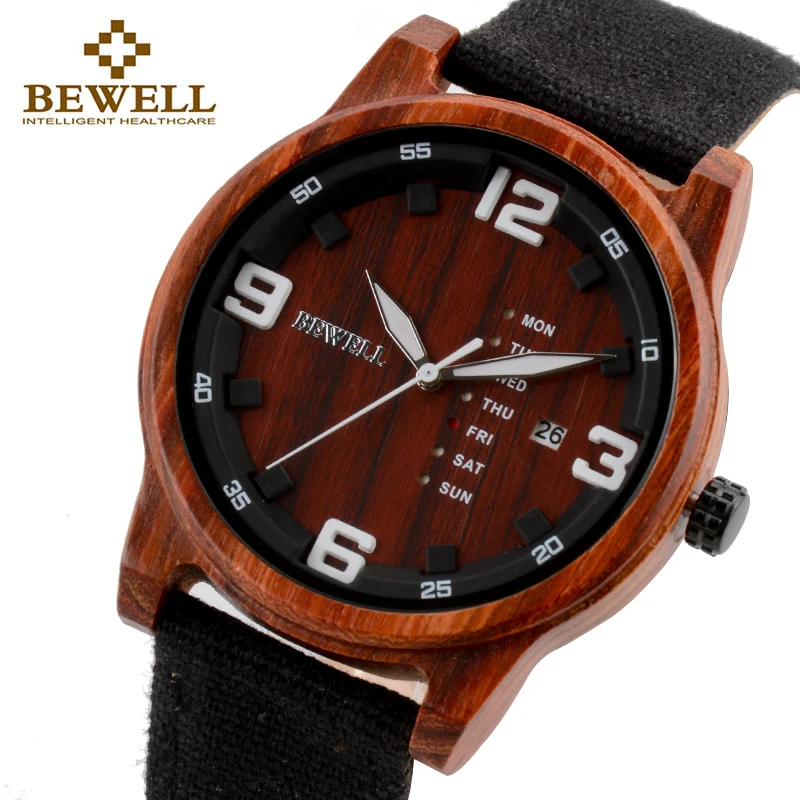 

BEWELL Luxury Boy Wood Watch As Gift For Dad Son Fashion Men Watches WaterProof Week Date Display Clock With Canvas Strap 156A