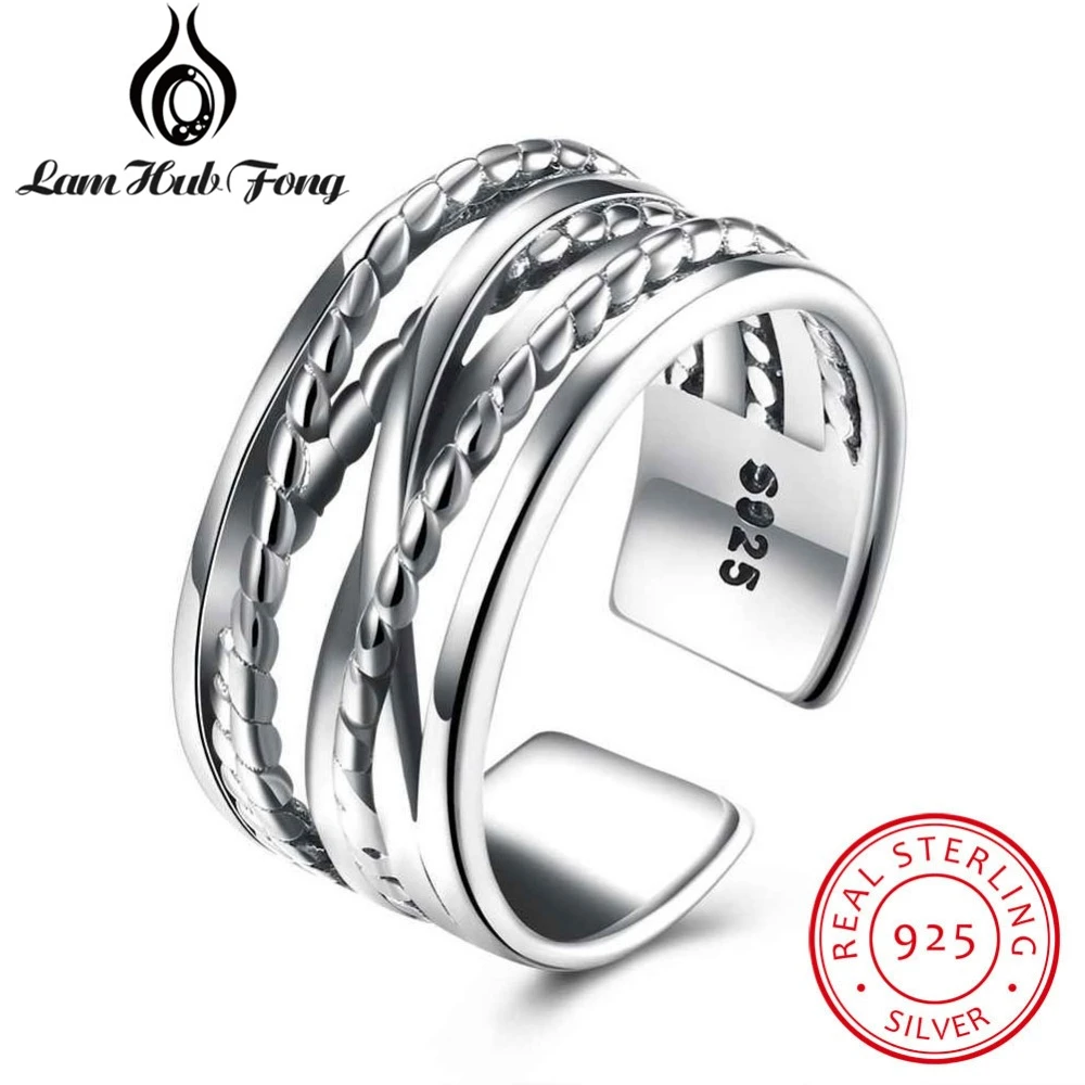 

2018 Fashion New Women Rings Solid 925 Sterling Silver Multi Line Wide Ring Jewelry Adjustable Size (Lam Hub Fong)