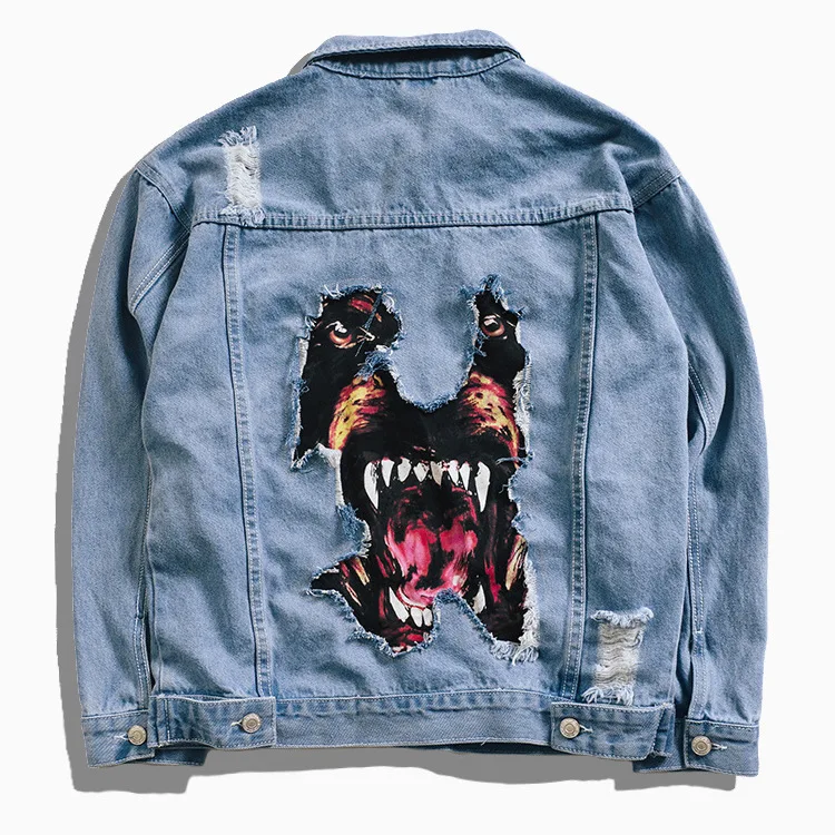 2018 Denim Jacket Men Hip Hop Streetwear Dog Head Printing Cowboy Ripped Distressed Jean Jacket Men Women Brand Casual Jacket