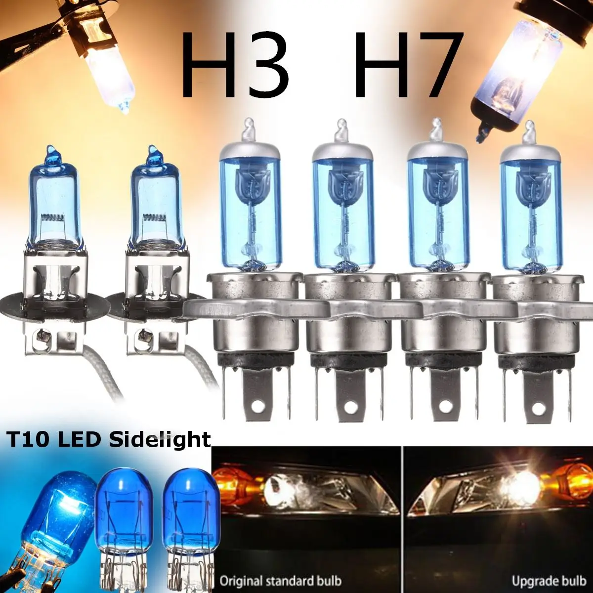 

4Pcs 12V 55W H7 Halogen Bulb Xenon Car HeadLight+2Pcs H3 Halogen Xenon Fog Light Bulbs+2Pcs T10 501 LED Car Side Light Bulb