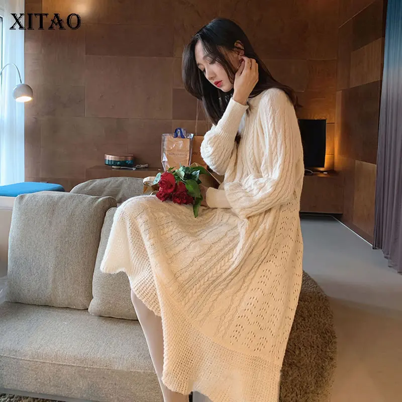 Женский Длинный свитер XITAO вязаный Однотонный с длинным рукавом и круглым