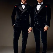 Бархат женихов Для мужчин Угловые атласные с отворотом в стиле смокинга жениха черные мужские костюмы для шафера блейзер(пиджак+ брюки+ жилет+ галстук-бабочка), C51