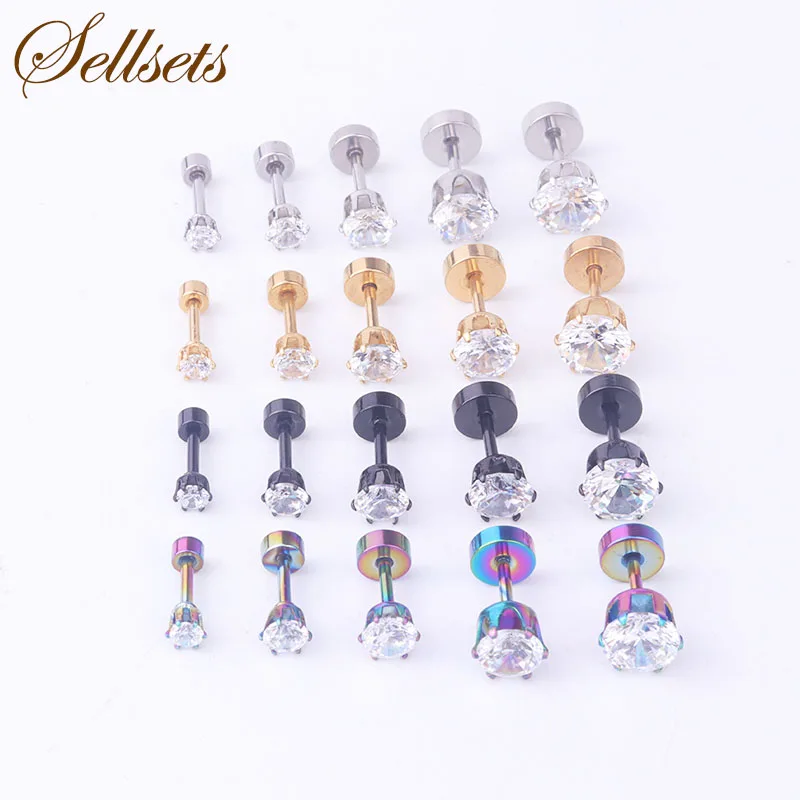 

Sellsets Mix 5pcs 3/4/5/6/7mm Crystal Zircon Fake Ear Plugs Titanium Anodized Stainless Steel Ear Piercing Fashion Stud Earrings