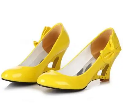 XingDeng/Модные женские Вечерние туфли на высоких каблуках с круглым носком и милым бантом; женские туфли-лодочки на танкетке; свадебные туфли; большие размеры 34-43 - Цвет: yellow