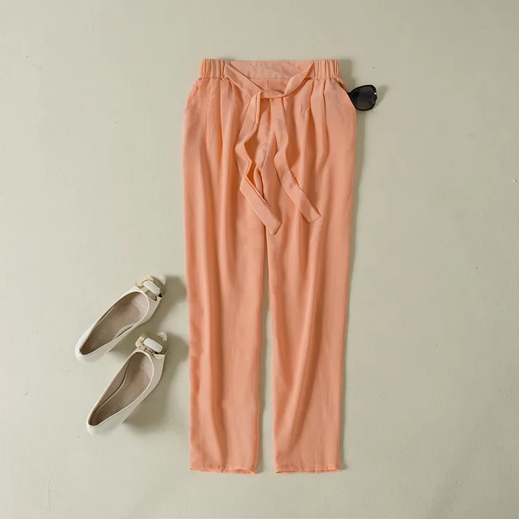 Летние брюки длиной до щиколотки из чистого шелка, шелк тутового цвета, пояс с бантом, однотонные шаровары