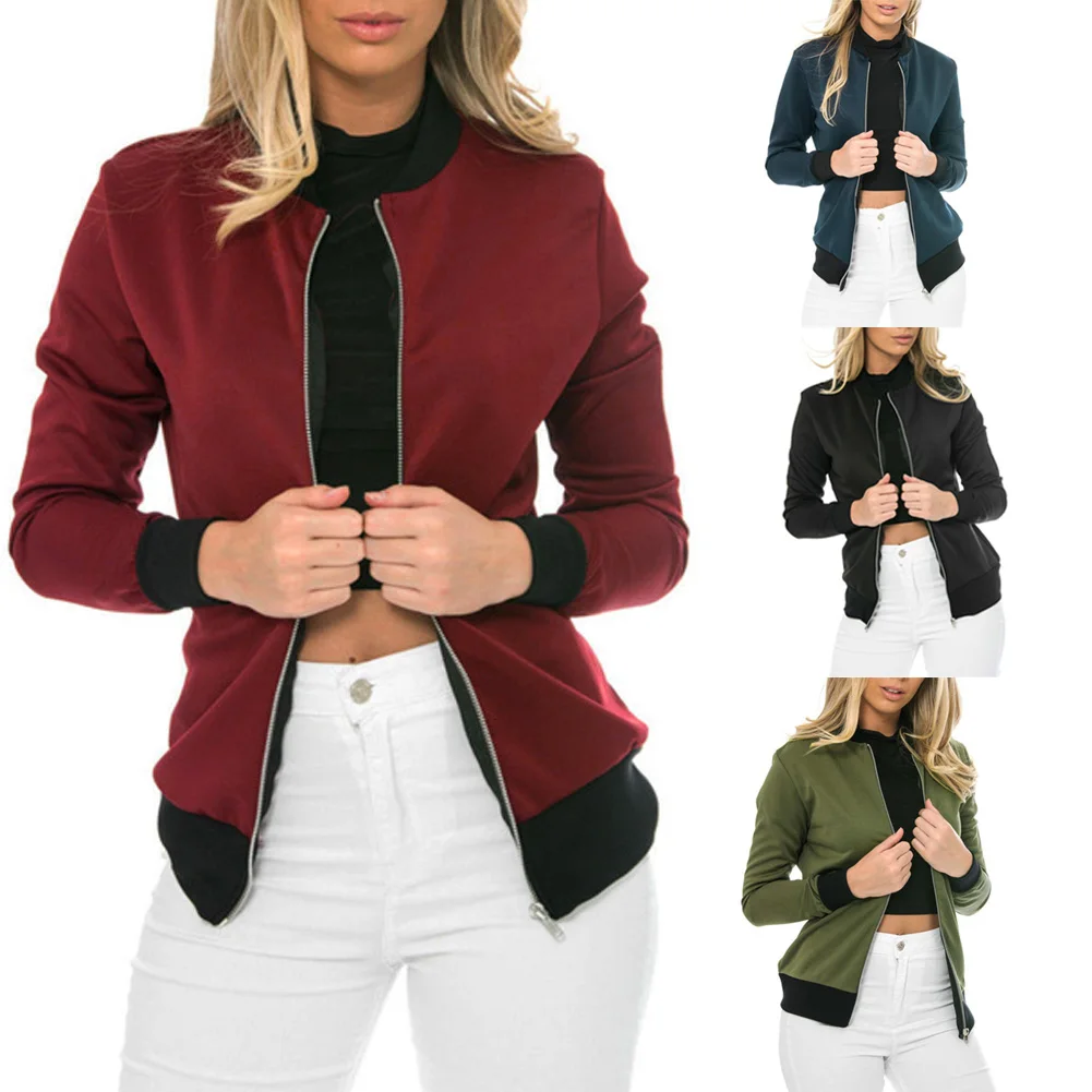 Women Basic Jacket Zipper Bombers Collar Coats Slim Casual Outwear Female Spring Autumn Coat Jackets Fashion Solid Color Ladies