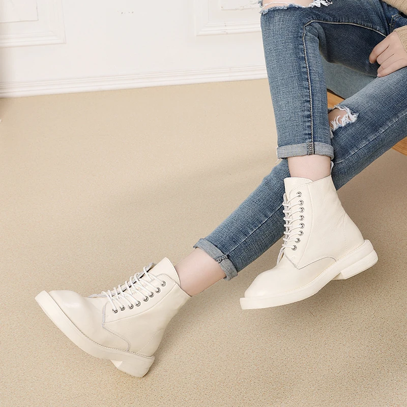 

2019 VALLU Fashion Shoes Genuine Leather Women Short Boots Lace Up Low Heels Cowhide Ladies Ankle Boots