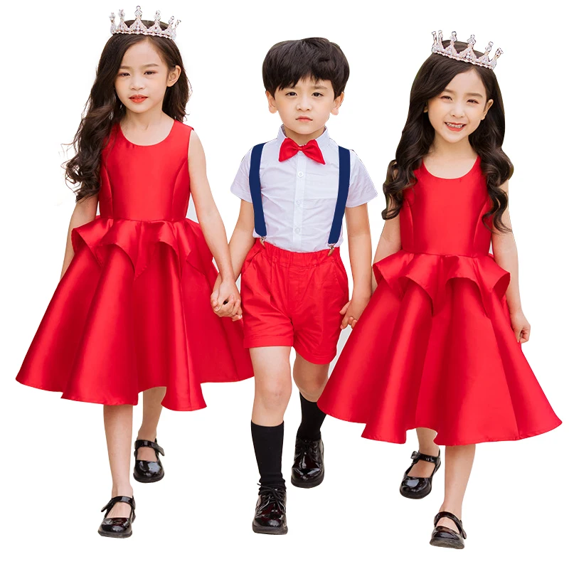 

red christmas dress vintage noble gown age for 3-12 yrs little girls evening prom ruffle sleeveless princess costume kids frocks