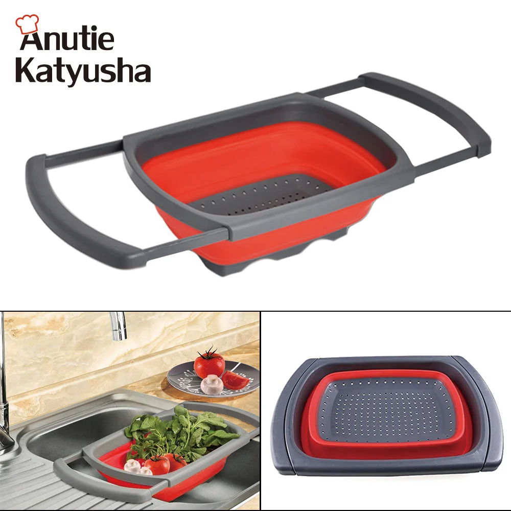 1Pc Red Collapsible Silicone Colander Folding Fruit Vegetable Strainer Chef Basket Large Capacity Kitchen Gadget | Дом и сад