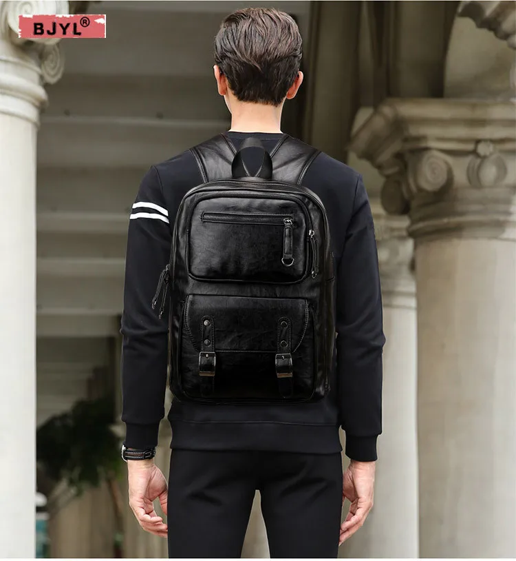 

BJYL New Genuine leather men's shoulder bag authentic soft black leather fashion casual men backpack 15" Laptop computer bag