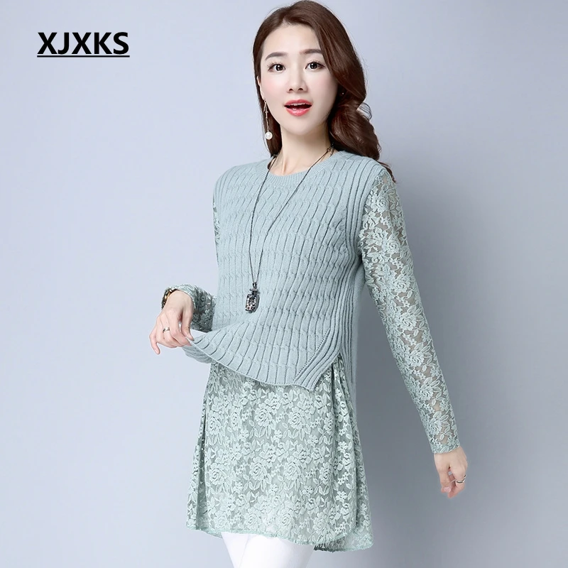 

XJXKS New 2019 Autumn Women Pullovers Sweater Dresses Knitted Lace Sleeve Vintage Beautiful Natural Casual Long Sweater