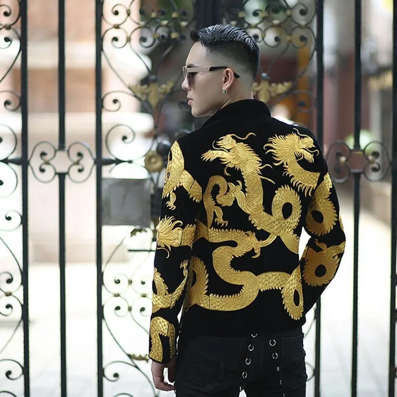 

Gold Dragon Pattern Embroidery Stage Suit Jacket Men Fancy Designer Blazer Men Dj Club Party Prom Blazer Men Velvet Blazer