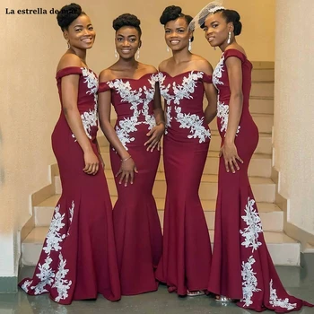 

Robe demoiselle d'honneur2021 new satin applique sexy V neck short sleeve burgundy sexy mermaid African bridesmaid dress long