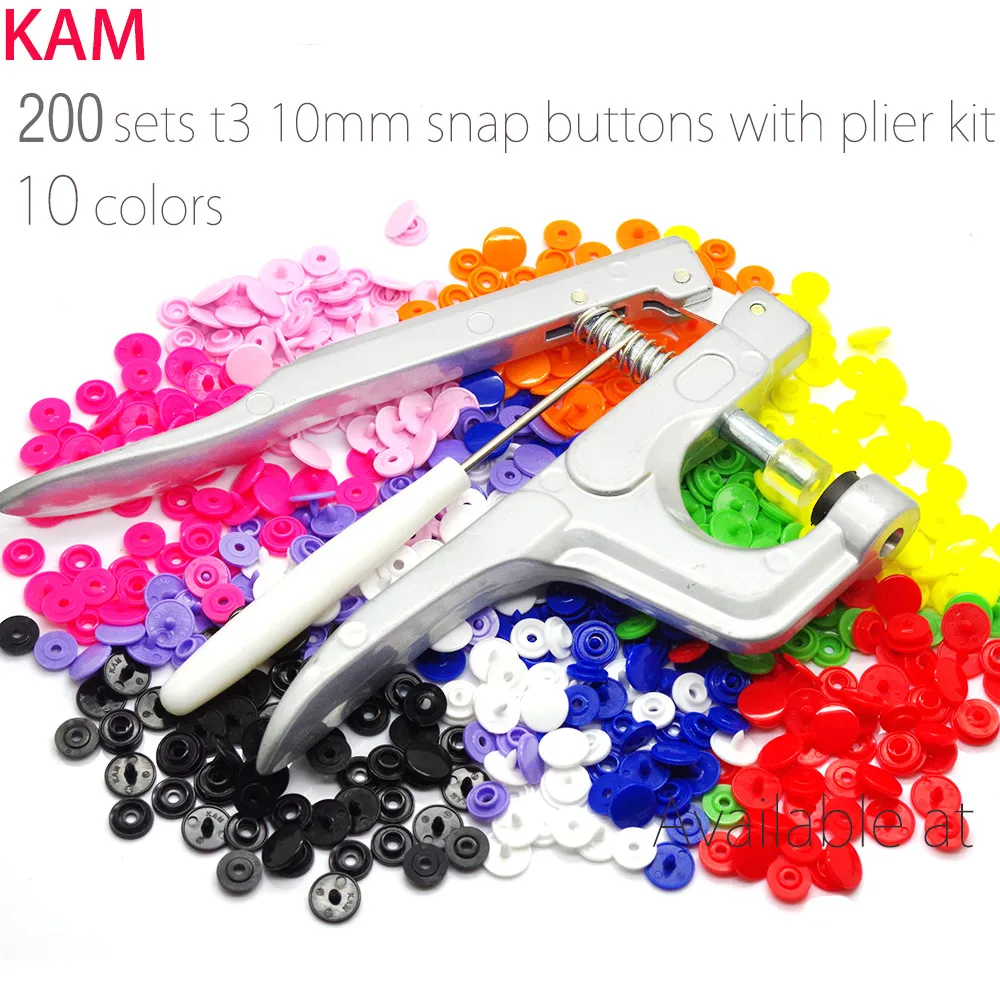 

10 Colors Mixed 200 Sets KAM T3 16 10mm Plastic Snap Buttons &Snap Pliers For Fastener For Diaper DIY Kit Mixing n m